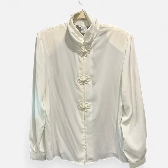 Vintage 80s White Satin Blouse Oversized L Frog Knot Closure Draped Collar - Picture 2 of 9